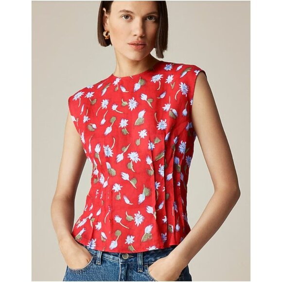J. Crew Pintuck Brushed Daisy Print Shell Top Red Size 16 - Picture 1 of 8